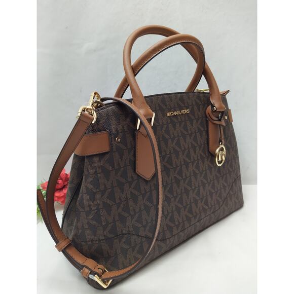 Michael Kors Lynn Brown Lugg MK Printed Large EW Satchel Bag - NWT $398 - Picture 2 of 16